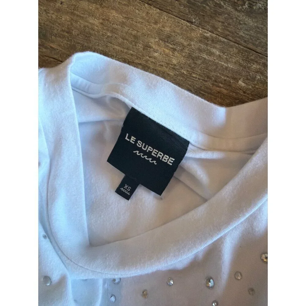 Le Superbe Iced Trancas RHINESTONE Embellished Cropped Tee White Womens Size XS